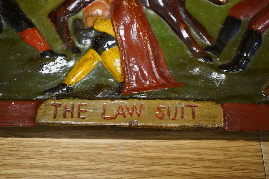 The Law Suit, a Scottish portobello terracotta plaque, 19 x 30cm